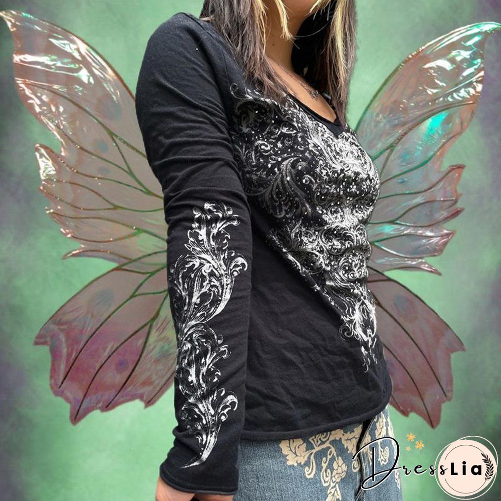 Vintage V Neck Printed Long Sleeve Shirt