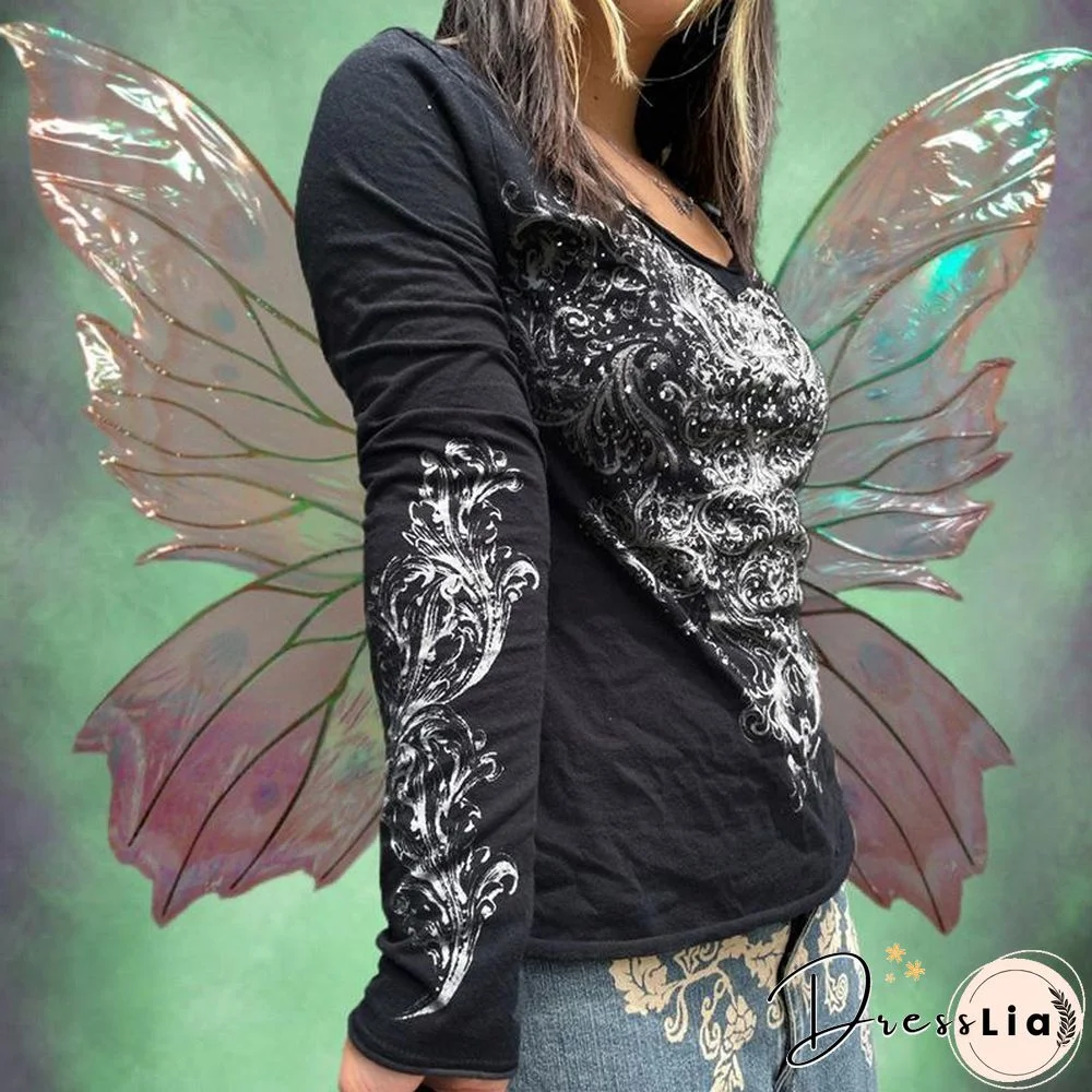 Vintage V Neck Printed Long Sleeve Shirt