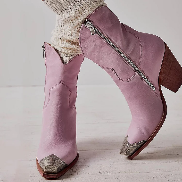 Pink Etched Metal Toe Booties Stacked Heel Zip Cowboy Boots for Women |FSJ Shoes