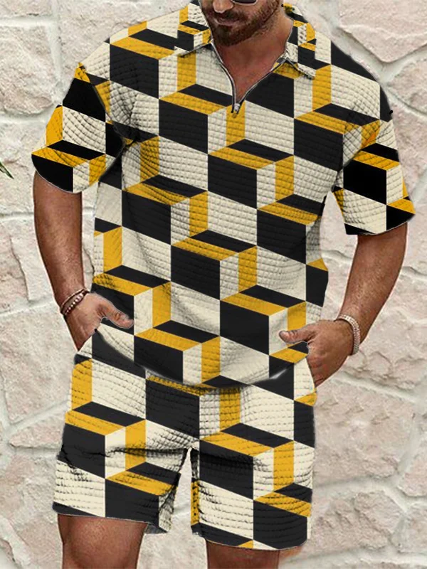 Men's Colorblock Geometric Pattern Zip Up Polo Shirt