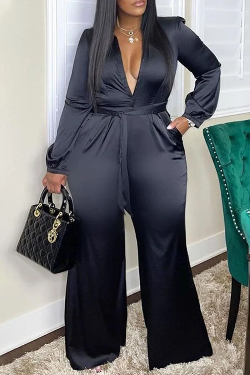 Casual Solid Split Joint Buckle Turndown Collar Straight Jumpsuits