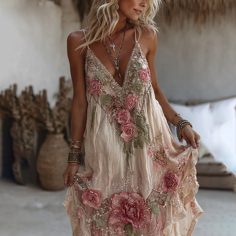 Comstylish Women's Pink Flower Embroidery Art V-neck Suspender Maxi Dress