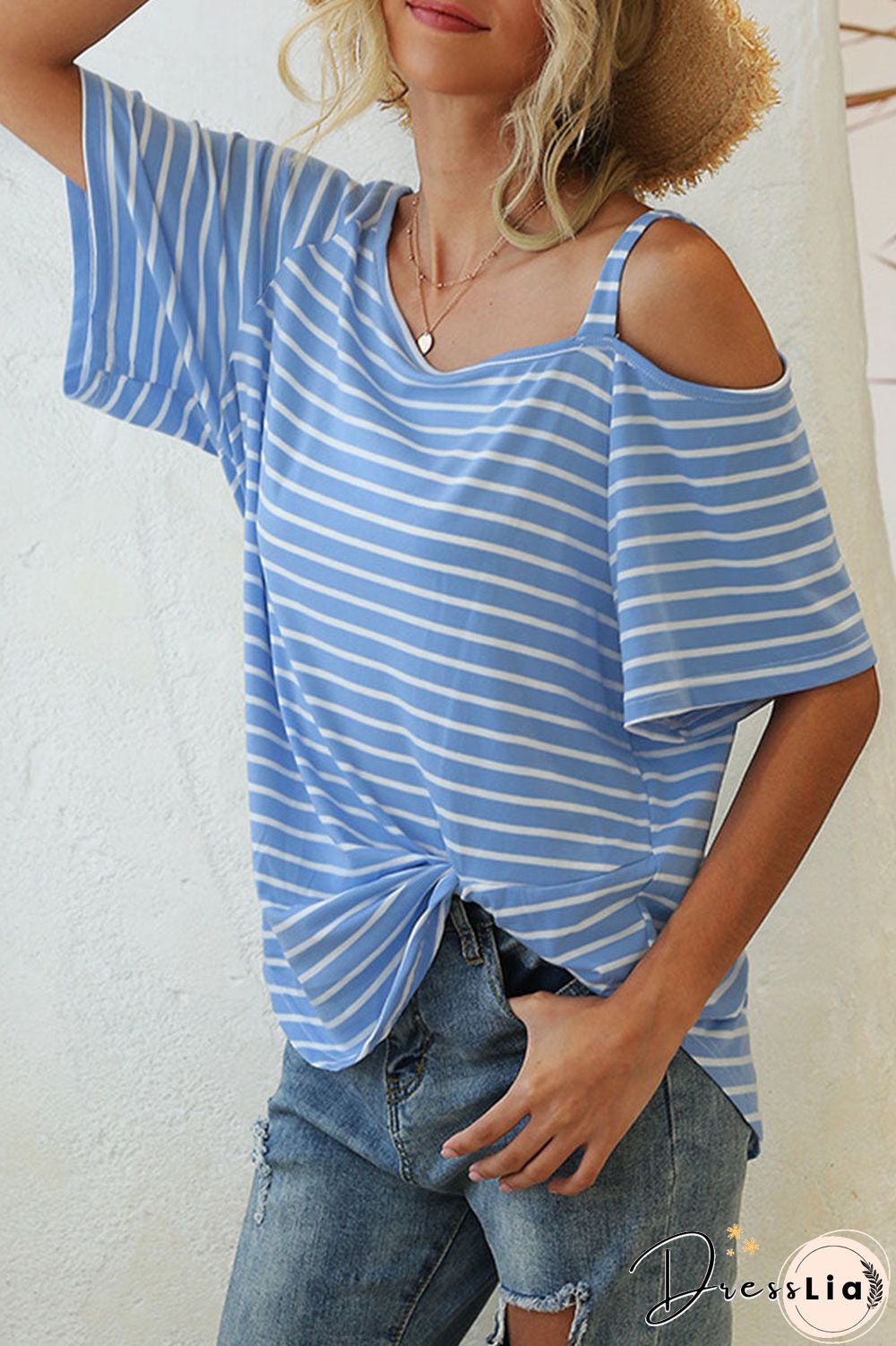 Fashion Street Striped Oblique Collar T-Shirts