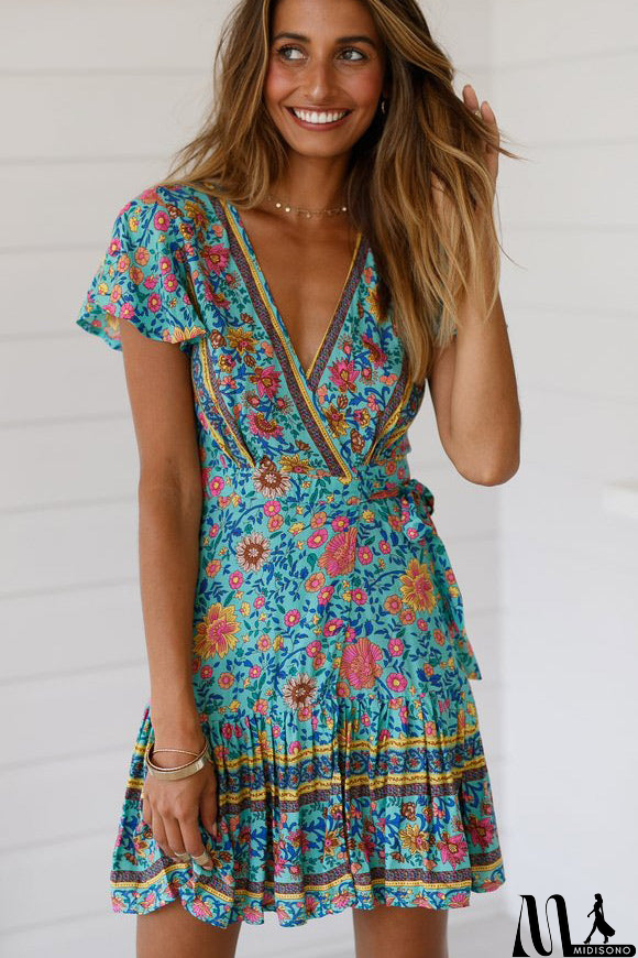 MidiSono - Sexy V-neck Maxi Printed Summer Short Dress