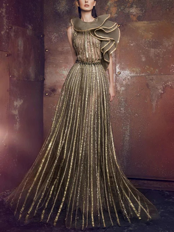 Round Neck Sequined Mesh Maxi Dress