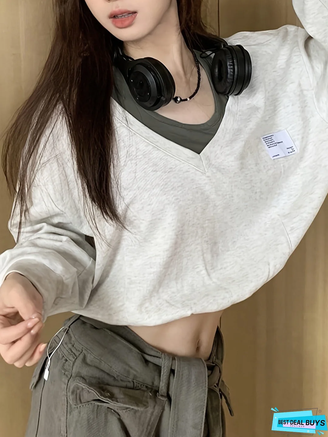 Faux Twinset Patch Pullover Sweatshirt, Casual Long Sleeve Crop Top, Women's Clothing