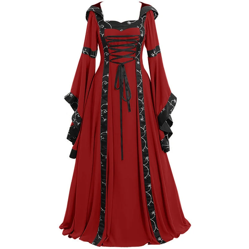 Brownm Vintage Swing Dress Square Collar Lace Waist Flared Sleeve Halloween Costume