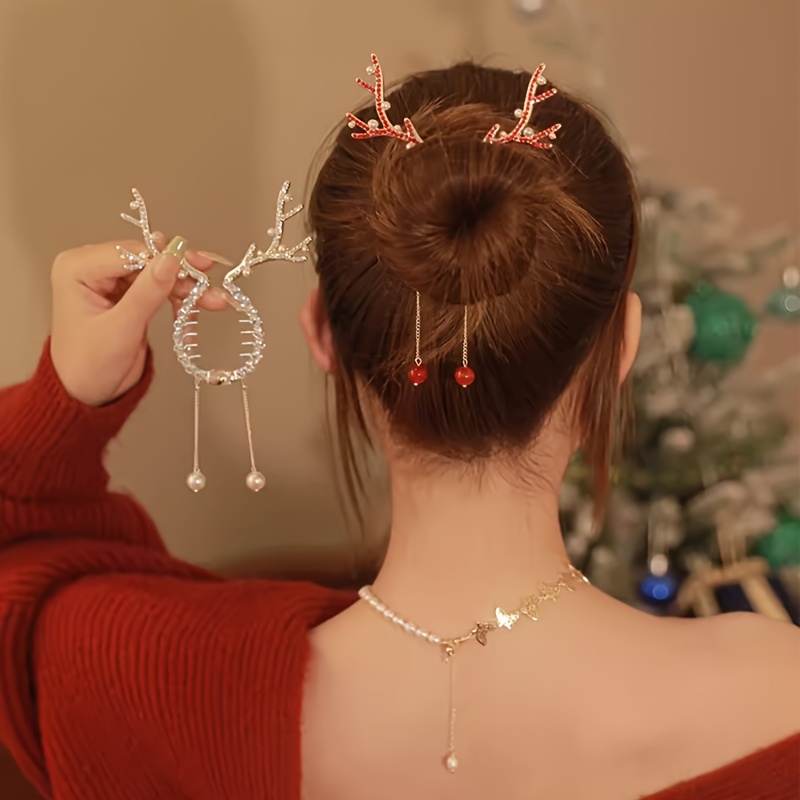Elegant and Charming Christmas Deer Horn Hairpin with Pearl and Crystal Details - Suitable for Ages 14 and Above