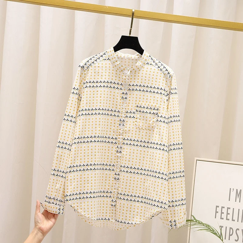 100% Cotton Women Shirts Floral Printed Blouses Long Sleeve Stand Collar Dot Lady Tops Female Clothes Spring Autumn News 2021