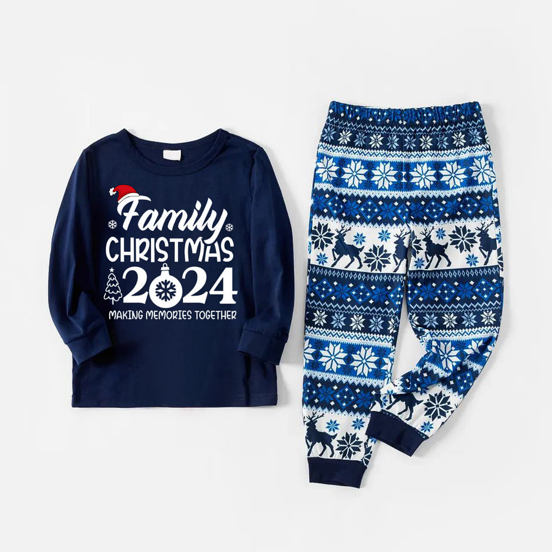 "Family Christmas 2024 " Text Print Blue Family Matching Pajamas