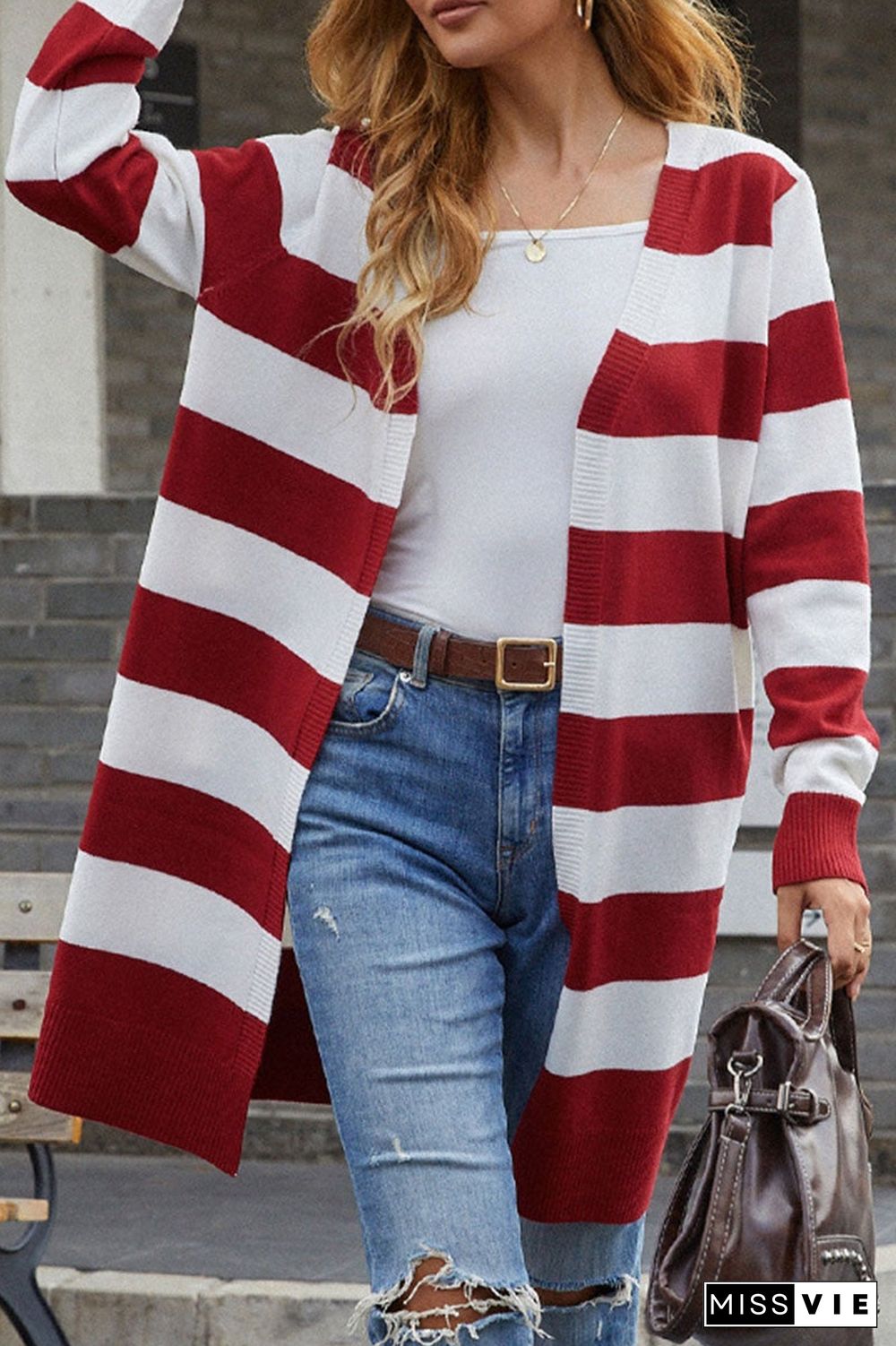 Fashion Casual Striped Split Joint V Neck Tops