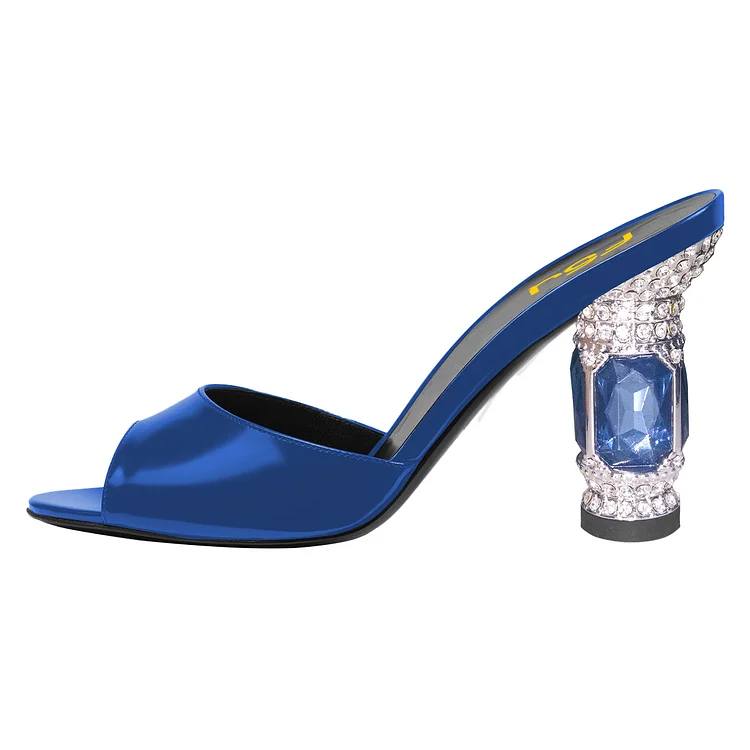 Navy Crystal Peep Toe Mule Sandals with Heels Vdcoo