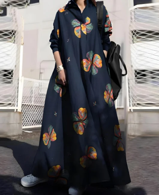 LADYSY Printed cotton and linen retro loose long-sleeved swing dress 