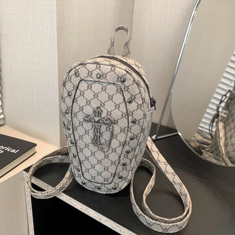 Halloween Women’s Medium Pu Leather Cross Skull Streetwear Oval Zipper Fashion Backpack