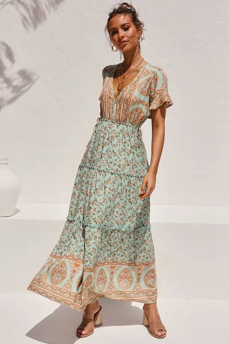 Ruffle Sleeve High Waist Bohemian Print Maxi Dress-elleschic