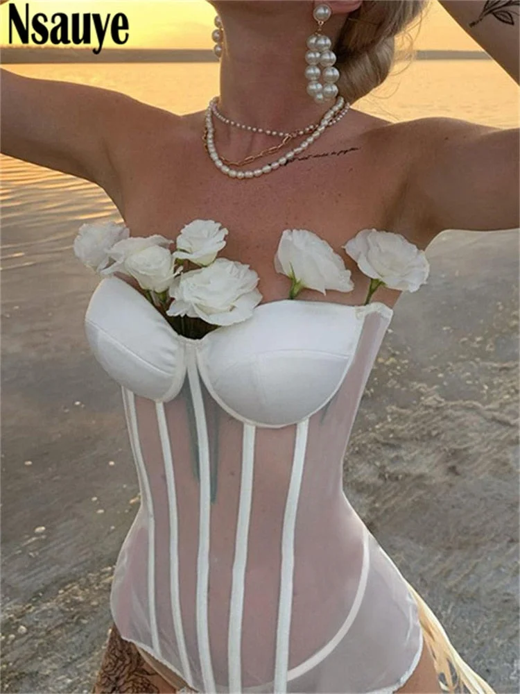 Nsauye Female Crop Top Sexy Off Shoulder See Through Summer 2022 Sleeveless Tube Y2K Corset Tops Women Party Club Tank Top