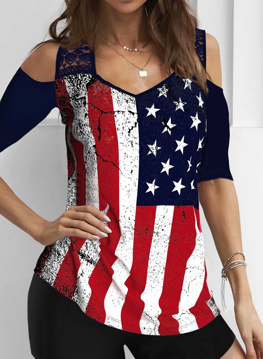 Women's T-shirts American Flag Lace Cold Shoulder T-shirts