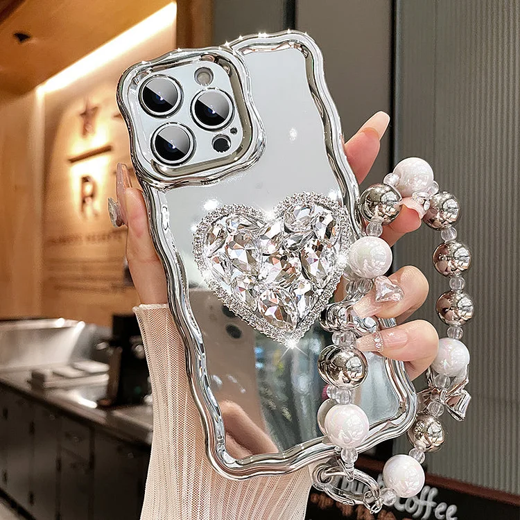 Suitable For iPhone14/15 Series Silver Heart-Shaped Rhinestone Holder Phone Case