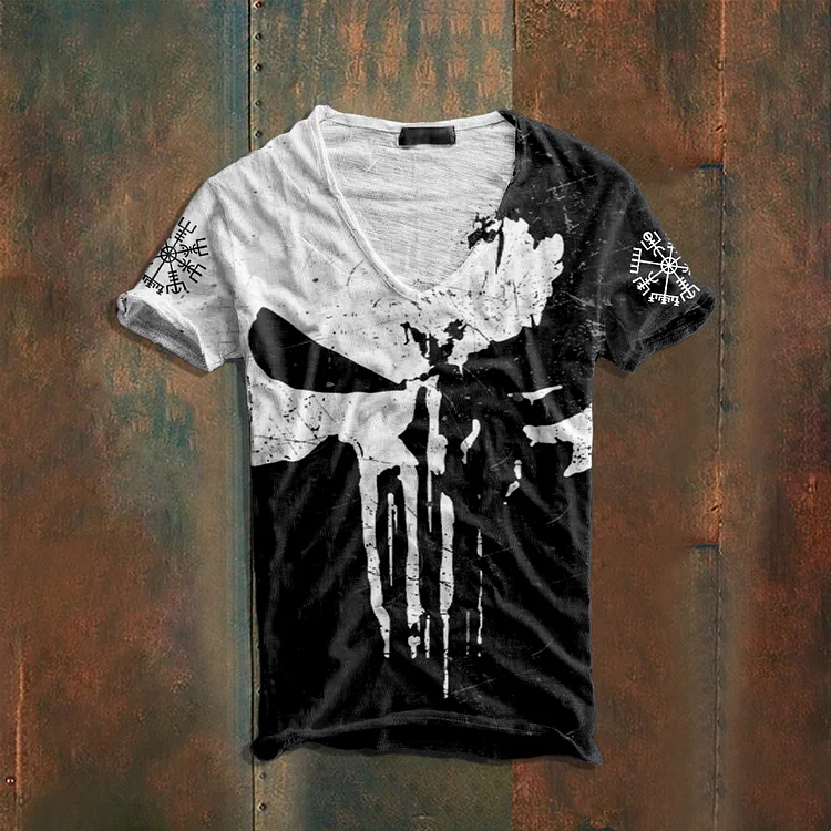 Viking Skull Graphic Cotton Blend V-Neck T-Shirt