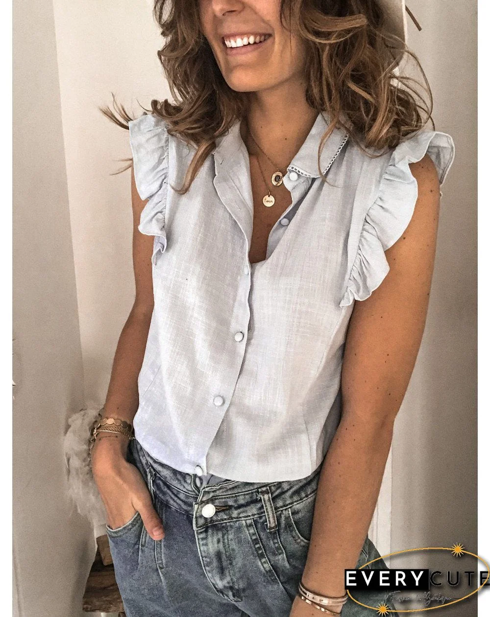 Round Neck Button Plain Flounce Decorated Top