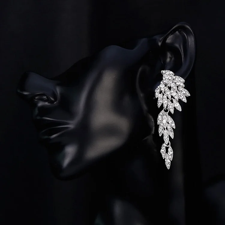 Feathered angel wings white karat plated bridal crystal long earrings