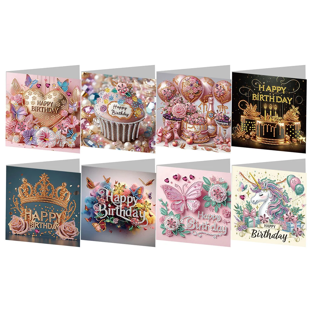 8Pcs Happy Birthday DIY Diamond Painting Card for Friends Family Gift