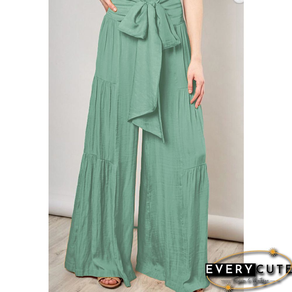 Green Smocked High Waist Palazzo Pants with Tie