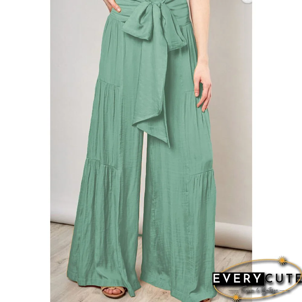 Green Smocked High Waist Palazzo Pants with Tie