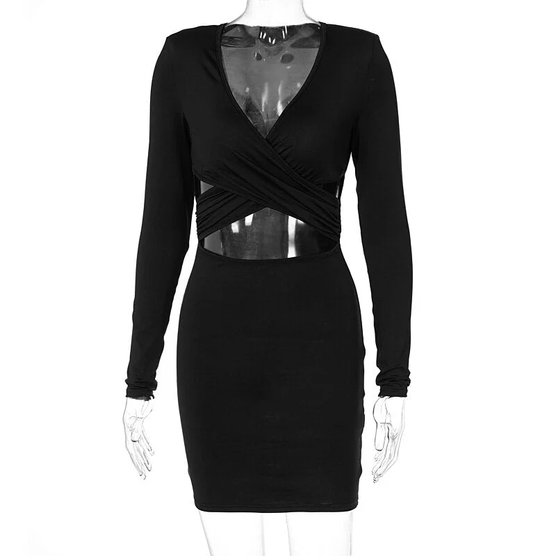 Hugcitar 2021 Long Sleeves V Neck Hollow Out Solid Mini Dress Summer Autumn Women Fashion Sexy Outfit Y2K Streetwear
