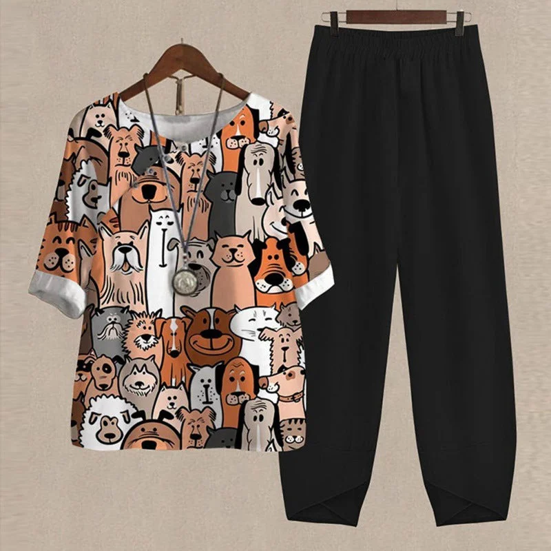 Women's Half Sleeve Scoop Neck Floral Printed Dogs Top & Pockets Design Long Pants Set