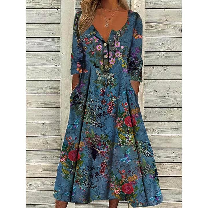 Casual Long-sleeve Button Print Blue Floral Dress