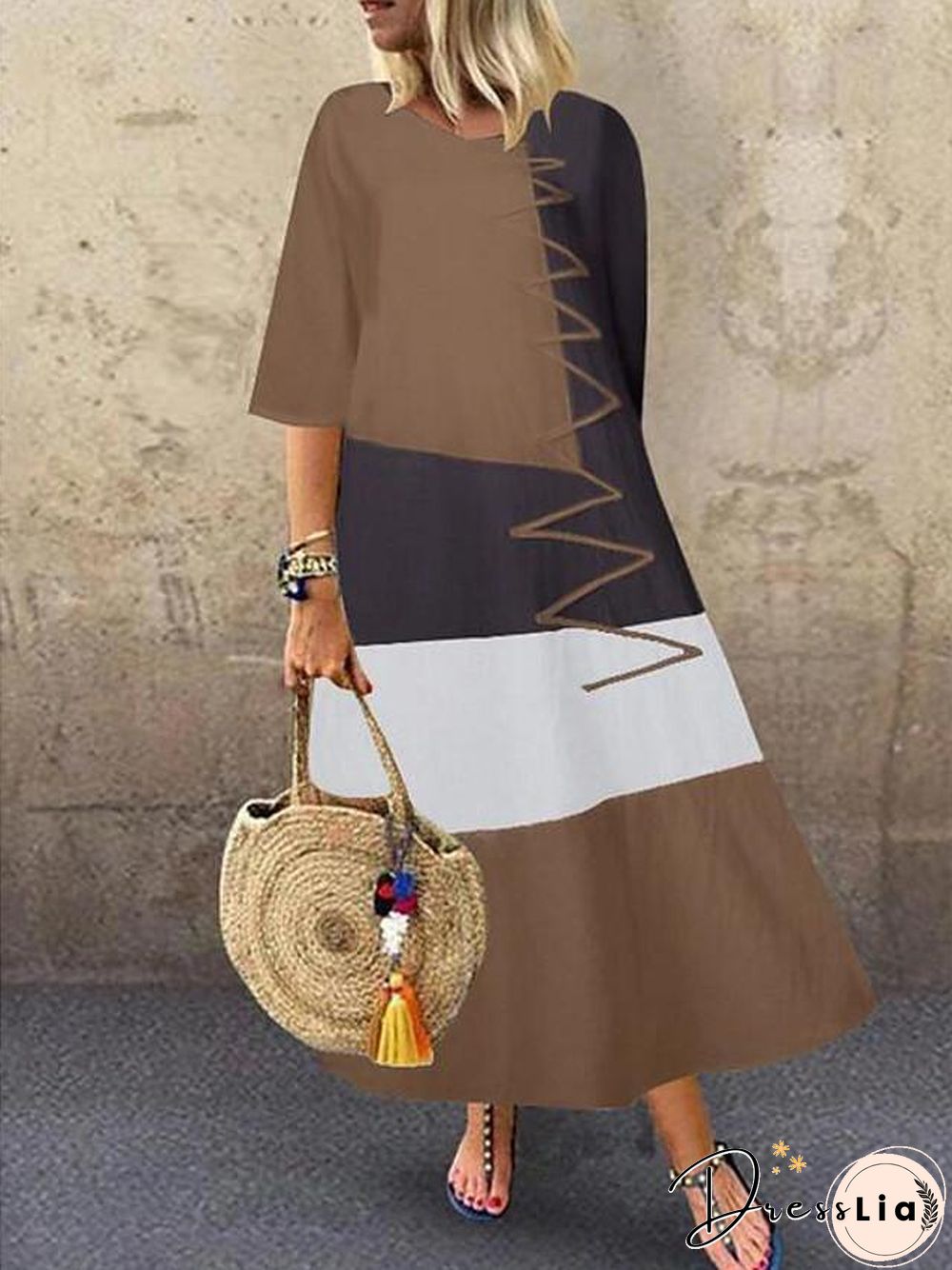 Women's Swing Dress Maxi long Dress Half Sleeve Color Block Patchwork Summer Hot Casual Cotton White Red Khaki Gray M L XL XXL 3XL 4XL 5XL White Dresses