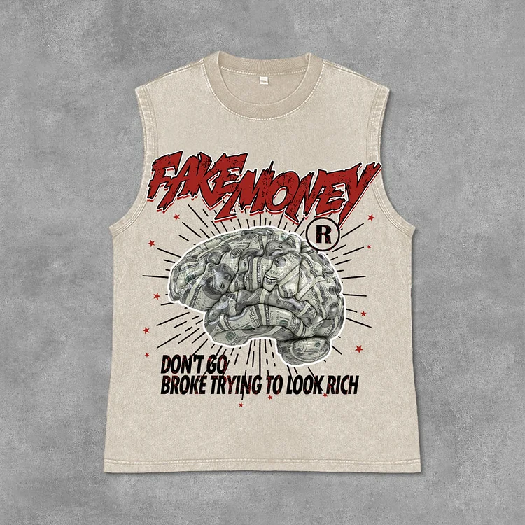 Don't Go Broke Trying To Look Rich Graphic Print Acid Washed Sleeveless Tank Top SOPULA