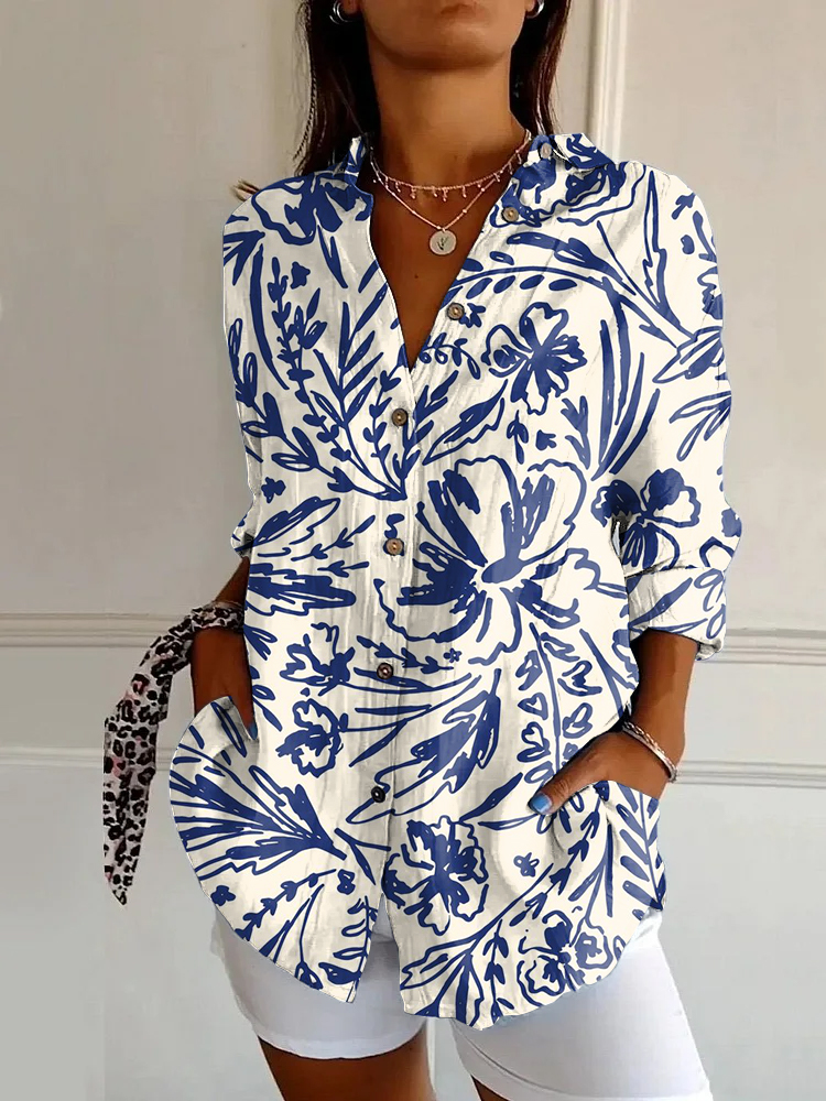 Vintage Floral Print Casual Long Sleeve Shirt