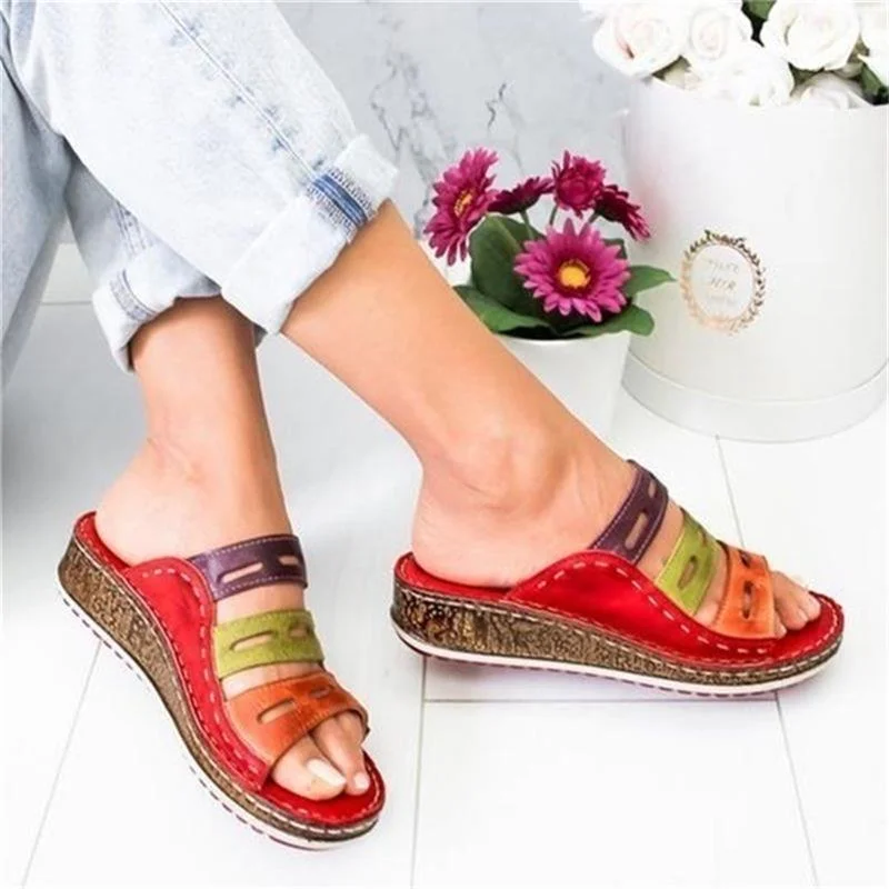 Women's Beach Slippers 2020 Summer Women Lady Retro Stitching Colorcasual Low  Beach Open Peep Toe Sandals 3 Colors Shoes Slides