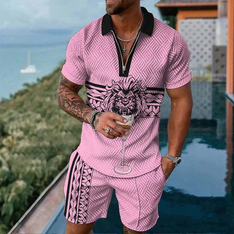 Men's Lion Stripe Print Sleeve Polo Shirt And Shorts Co-Ord