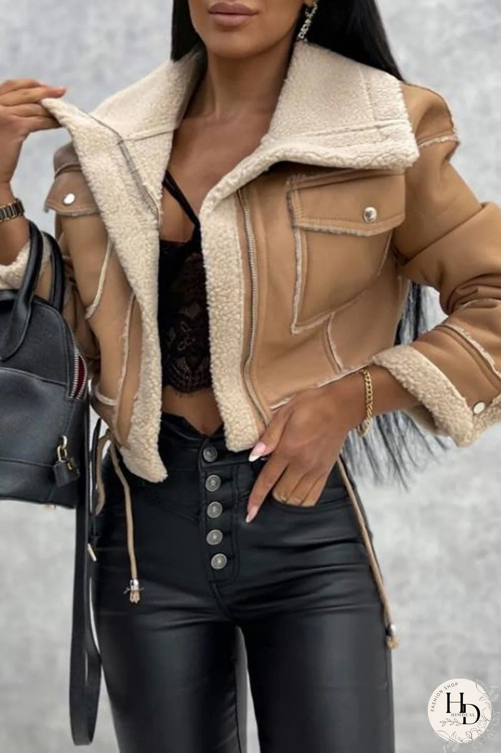 Khaki Casual Solid Patchwork Cardigan Turndown Collar Outerwear