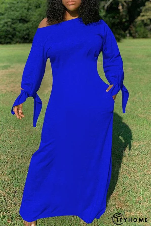 Pure Color Knotted Long Sleeve Casual Pocket Maxi Dress Plus Size | IFYHOME