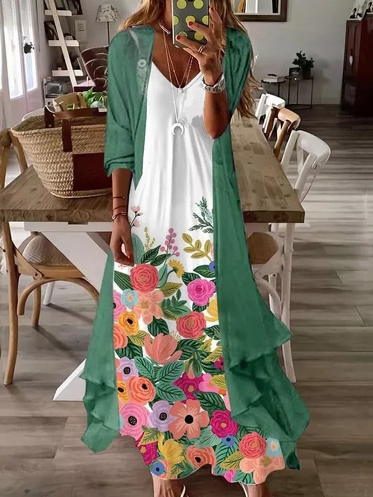 Artwishers Floral Printed Maxi Dress With Cardigan 2 Pieces Suit