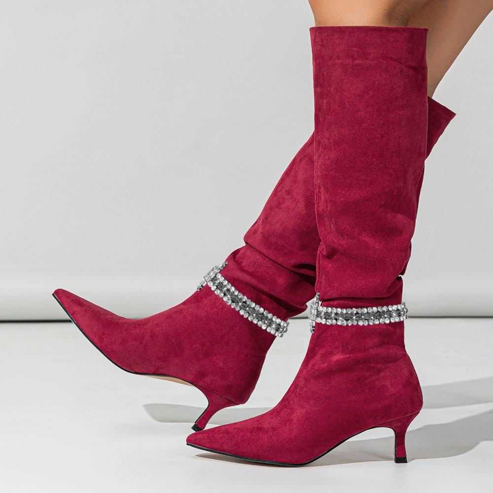 Burgundy Vegan Suede Pointed Toe Rhinestone Knee Kitten Heel Boots Nicepairs