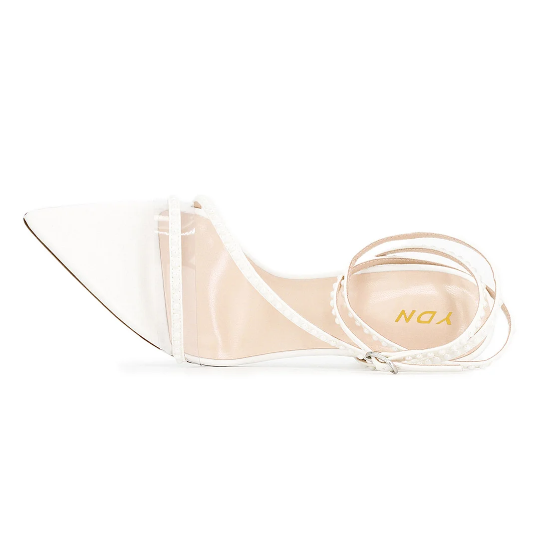 YDN White Patchwork Open Toe Strap Heels Sandals with Studs