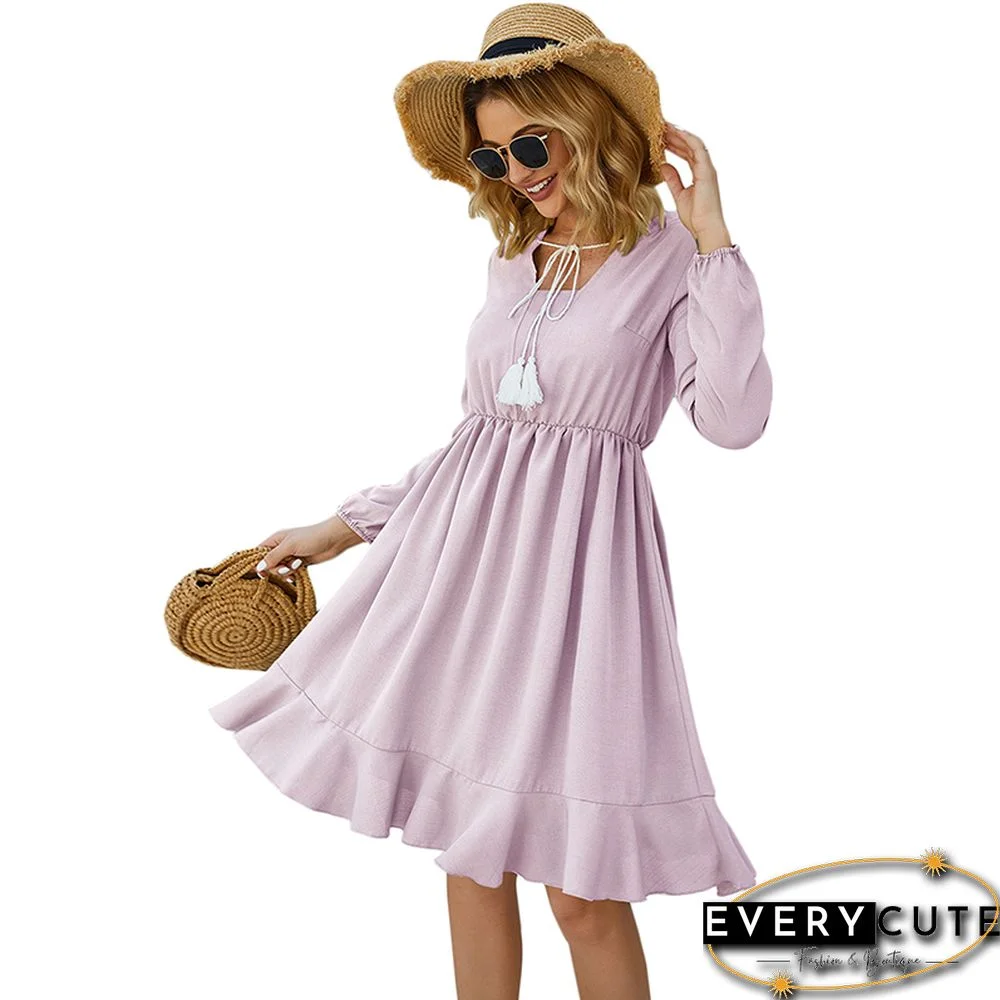 Light Purple Lace Up Long Sleeve Casual Dress