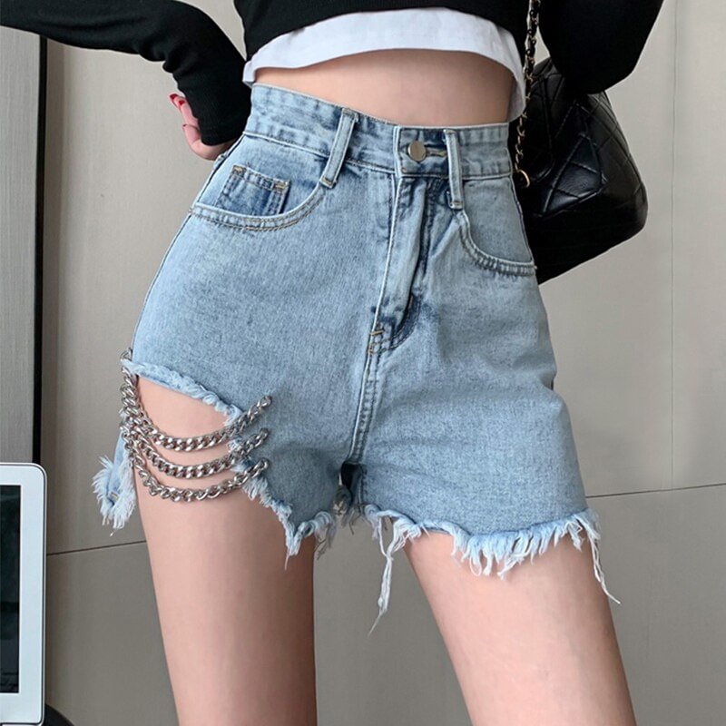 FTLZZ Summer New Women Chain Splicing Denim Shorts Lady Fashion Casual Wide Leg Pants Solid Color High Waist Loose A-line Jeans