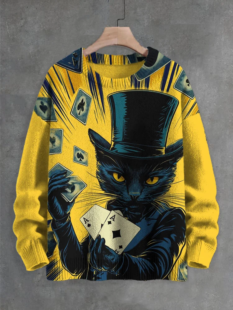 Men's Magician Cat Poker Ace Art Print Knit Sweatshirt