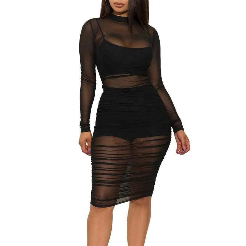 Lace Mesh See Through Bodycon Party Dresses Women Sexy Clubwear Mini Dress Solid Sleeveless Basic Female Outfits 2021 Trend