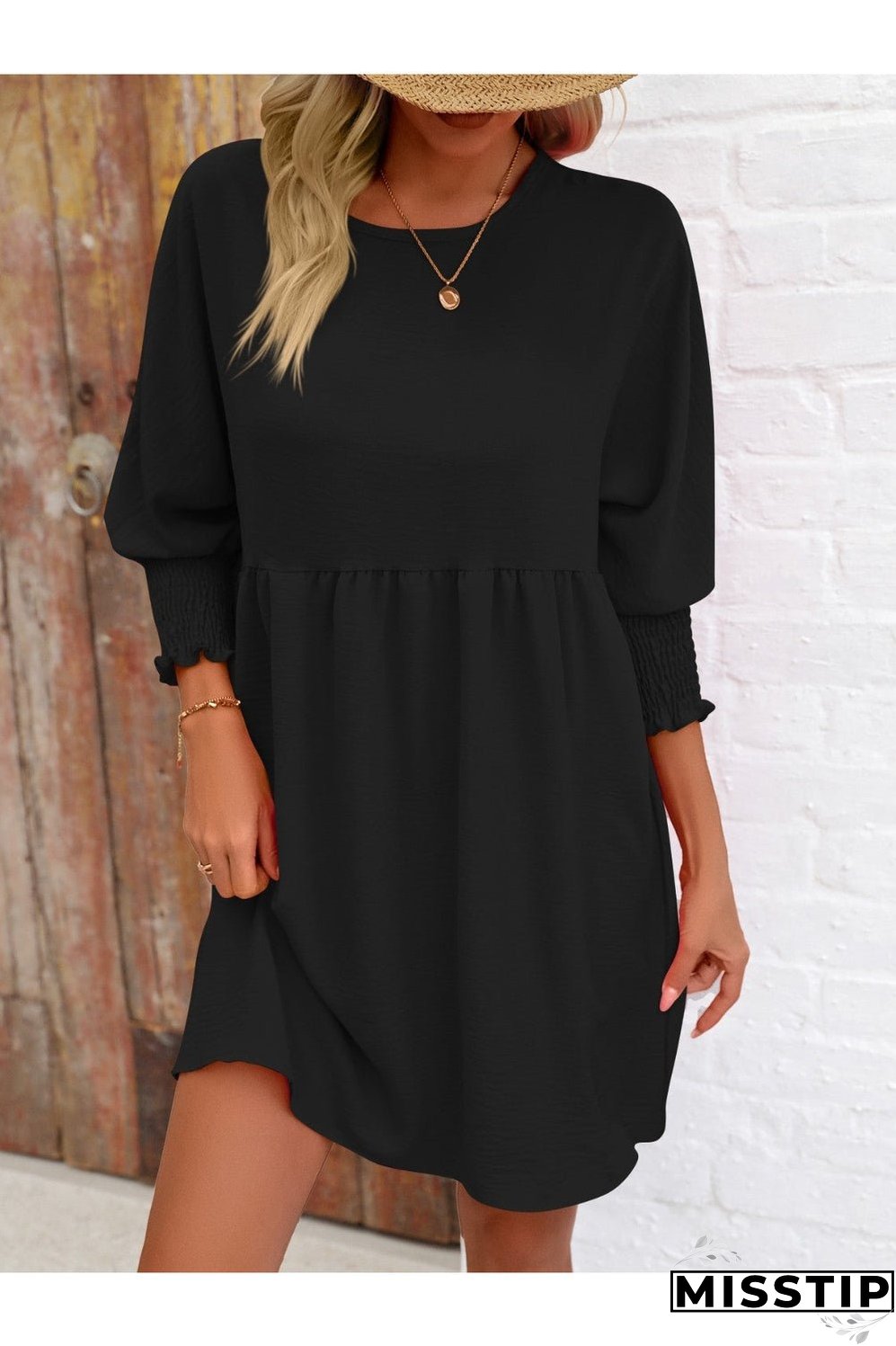 Round Neck Lantern Sleeve Mini Dress