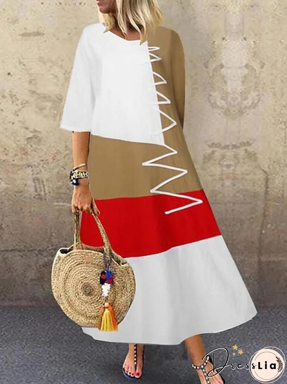 Women's Swing Dress Maxi long Dress Half Sleeve Color Block Patchwork Summer Hot Casual Cotton White Red Khaki Gray M L XL XXL 3XL 4XL 5XL White Dresses