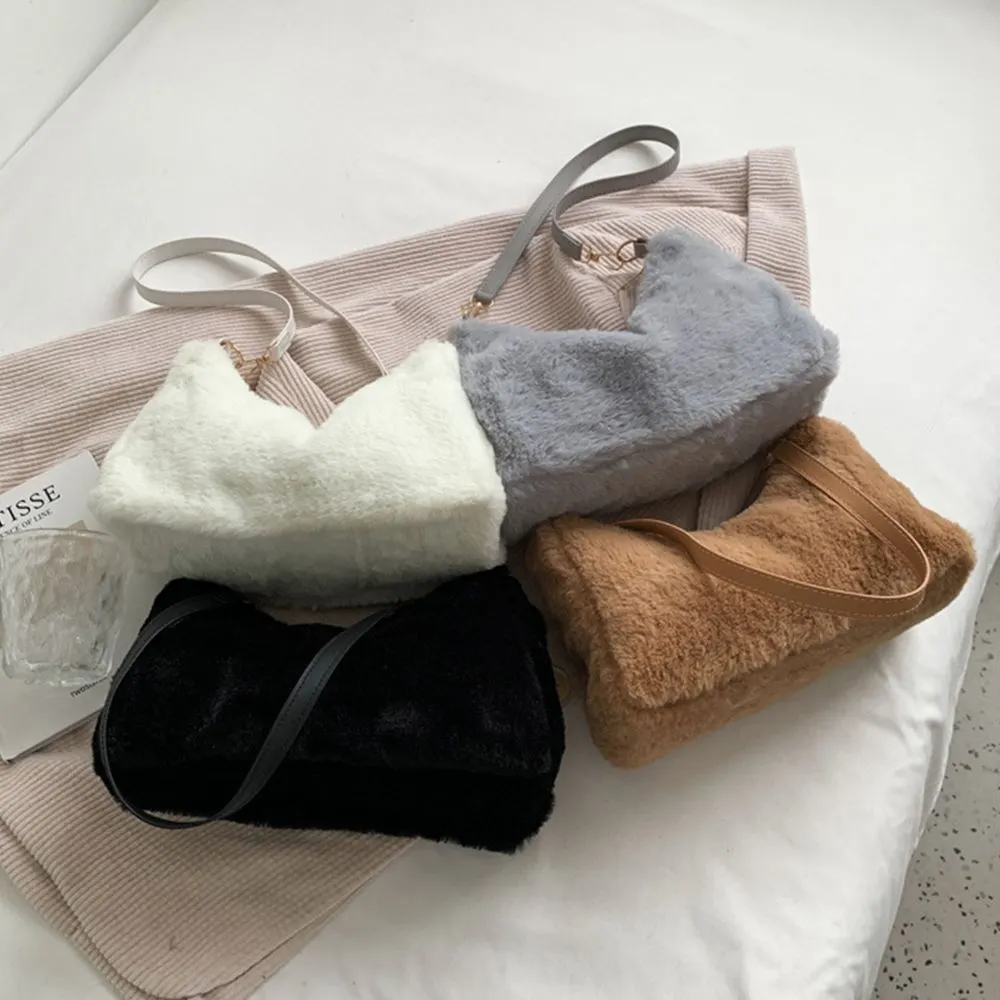 Retro Solid Underarm Bags For Women 2022 Soft Plush Shoulder Bags Female Large Capacity Travel Bag Winter Warm Fluffy Totes Gift