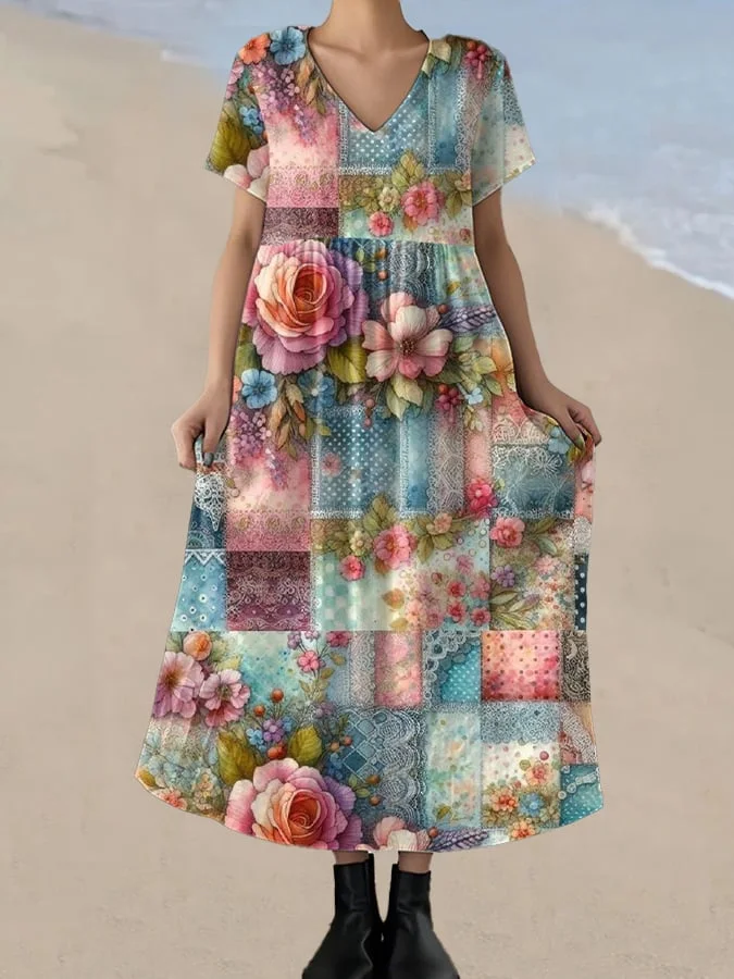 Women's Vintage Floral Print Casual Comfort Long Dress 