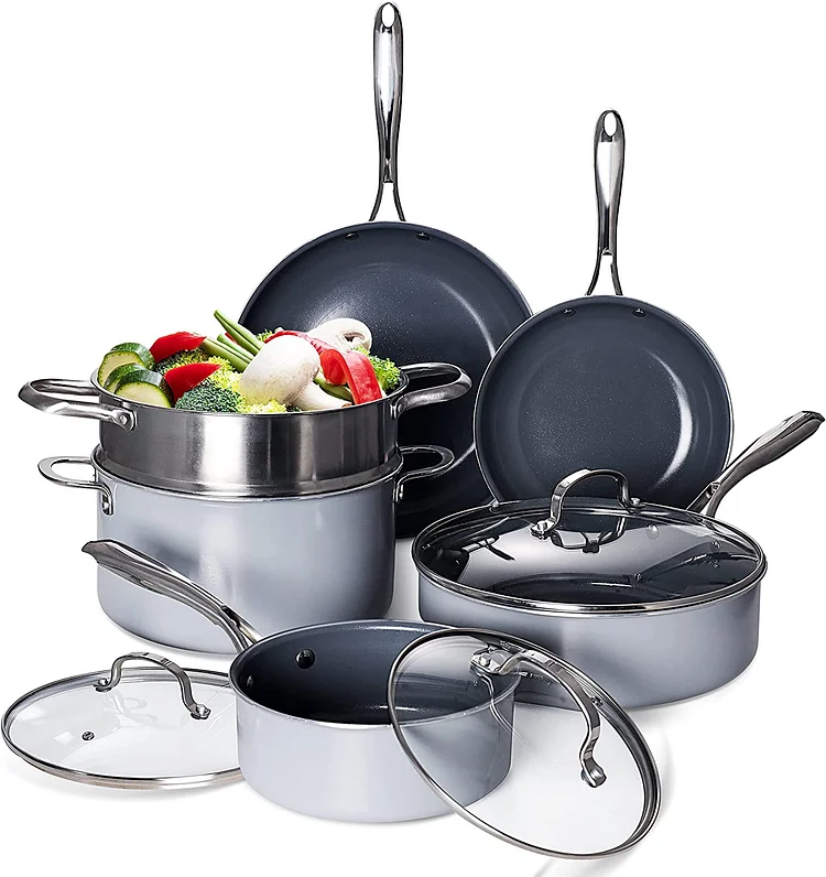 Non-Stick Pots and Pans Set 13pcs Cookware Set. Steamer Basket. Stockpot with Lid. Saucepan with Lid. Fry Pan. Saute Pan for Daily Cooking. Grey